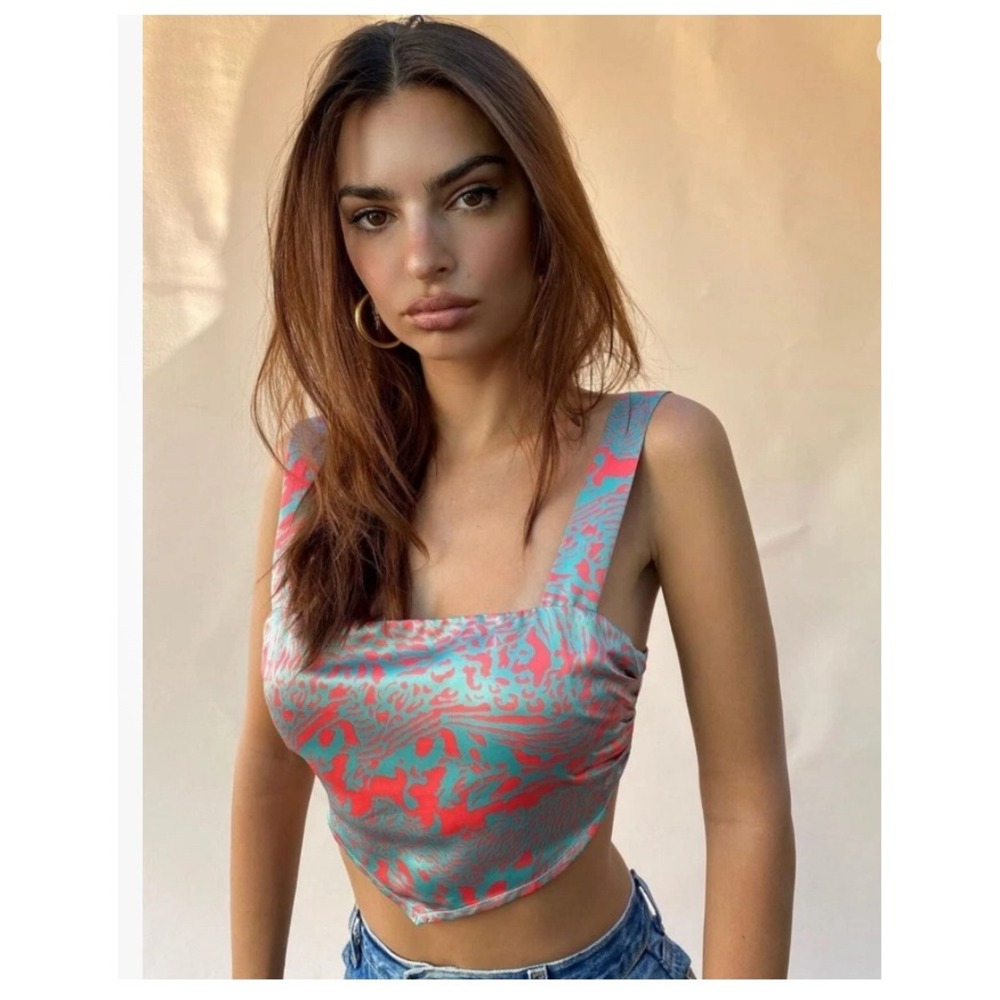 Inamorata Pink Teal Animal Print Scarf Crop Top Handkerchief Hem M7377TIW Small